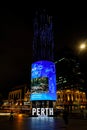 Digital media wrap around display at night in Yagan Square, Perth, Australia