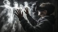A digital medium interacts with ghostly figures in a virtual realm while wearing VR goggles in a dimly lit room Royalty Free Stock Photo