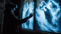 Digital medium in virtual reality interacts with ghostly figures in a dark room illuminated by ethereal light Royalty Free Stock Photo