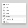 A digital menu displaying file management options: Open, Cut, Copy, Paste, Rename, Royalty Free Stock Photo