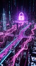 Digital metropolis secured by a glowing padlock symbol amidst neon data streams Royalty Free Stock Photo