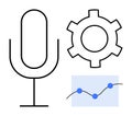 Digital microphone, settings gear, and line chart representing audio technology and data analytics Royalty Free Stock Photo