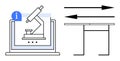 Digital microscope on laptop screen alongside arrows indicating adjustable desk movement Royalty Free Stock Photo