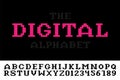 Digital minimalistic pixel font - video game style. Vector english trendy alphabet. Techno latin letters and numerals