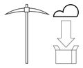 Digital Mining Concept with Pickaxe, Cloud Storage, Arrow, and Open Box Royalty Free Stock Photo