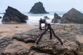 Digital mirrorless photo camera on flexible tripod