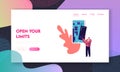 Digital Mobile Technologies Engineering Website Landing Page. Man Put Detail inside of Huge Smartphone with Open Case