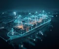 Digital model of a cargo ship docked at a port with cranes and containers at night Royalty Free Stock Photo