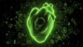 Digital model of the human realistic beating heart, diagnostic of the human circulatory system. Design. Neon silhouette