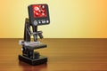 Digital modern microscope with screen on the wooden table. 3D r