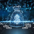 Digital money bag surrounded by coins, exuding a futuristic, tech-centric financial vibe.