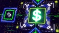 Digital money finance symbol 3d render. The usa dollar sign on cyber background