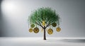 Digital money tree with binary code leaves and golden cryptocurrency coins hanging down Royalty Free Stock Photo