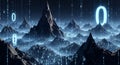 Digital Mountain Landscape with Glowing Binary Code and Data Rain Royalty Free Stock Photo