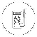 Digital multimeter for measuring electrical indicators AC DC voltage amperage ohmmeter power with probes icon in circle round