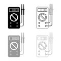 Digital multimeter for measuring electrical indicators AC DC voltage amperage ohmmeter power with probes icon outline set black