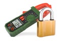 Digital multimeter with padlock. 3D rendering Royalty Free Stock Photo