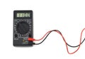 Digital multimeter with red and black wires shows 110 volts on LCD display Royalty Free Stock Photo