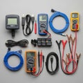 Digital multimeters display numerical data while the cables are Royalty Free Stock Photo
