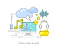 Digital music & audio concept. Thin line flat style icon composition with notes, cloud, headphones and mobile devices.