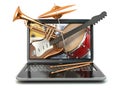 Digital music composer concept. Laptop and musical instruments.