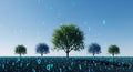 Digital Nature Trees in a Field of Binary Code and Binary Numbers Floating in Sky Royalty Free Stock Photo