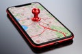 Digital navigation Smartphone display with 3D red map pointer icon