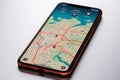 Digital navigation Smartphone display with 3D red map pointer icon
