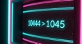 Digital neon clock display showing text 10444 greater than 1045 with pink blue green glowing frame on dark background Royalty Free Stock Photo