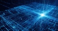 Digital network and circuit board view composed of blue light lines. Big data, artificial intelligence, and high-tech concept. Royalty Free Stock Photo