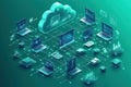 Digital network of cloud computing systems connecting various devices and data storage Royalty Free Stock Photo