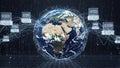 Digital Network Connecting the Earth Globe with Data Cubes and Flowing Lines Representing Global Communication Royalty Free Stock Photo