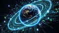 Digital Network Connecting Earth with Glowing Blue Data Streams and Binary Code Orbiting the Planet Royalty Free Stock Photo