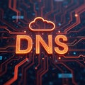 Digital network connection with cloud icon and DNS text. Futuristic circuit board lines pulse with neon light. Cyber technology Royalty Free Stock Photo