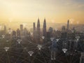 Digital network connection lines and wifi icons with Kuala Lumpur Downtown, Malaysia. Financial district in smart city in Royalty Free Stock Photo