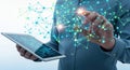 Digital Network Connection Man Touching Data on Tablet Royalty Free Stock Photo