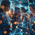Digital network connections amid abstract people with blurred background