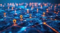 Digital network connections with glowing location pins and data points