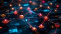 futuristic digital network visualization with glowing nodes and interconnected lines representing data flow and technology concept Royalty Free Stock Photo