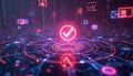 Digital network with glowing icons for email communication data analytics and user profiles. A central checkmark signifies Royalty Free Stock Photo