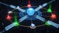 Digital network with glowing nodes and interconnected data streams around a central blue sphere Royalty Free Stock Photo