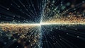 Digital network of glowing particles and lines expanding from a central bright light source technology Royalty Free Stock Photo
