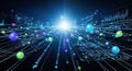 Digital network of glowing spheres and binary code streams with futuristic data visualization in a dark space Royalty Free Stock Photo