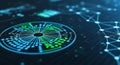 Digital network graph with circular data visualization and connected nodes in blue and green Royalty Free Stock Photo