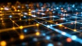 Digital network grid abstract background glowing data lines connecting nodes with blue and orange light technology Royalty Free Stock Photo