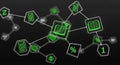 Digital network illustration showing interconnected green icons of electronic devices forming a hexagonal shape on black Royalty Free Stock Photo