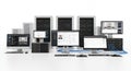 Digital Network Infrastructure Setup with Servers, Computers and Monitors on White Background Showcasing Data Systems Royalty Free Stock Photo