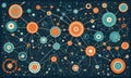 digital network interconnected circles and lines, with varying shades blue, orange, and white, creating sense Royalty Free Stock Photo