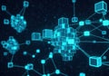Digital network of interconnected glowing cubes in a cosmic space setting Royalty Free Stock Photo