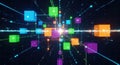 Digital network of interconnected glowing cubes in a futuristic data universe Royalty Free Stock Photo